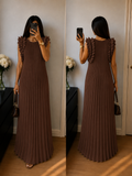 Robe Longue Plissée à Volants – Marron Chocolat