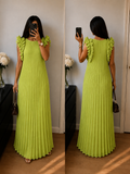 Robe Longue Plissée à Volants – Vert Citron