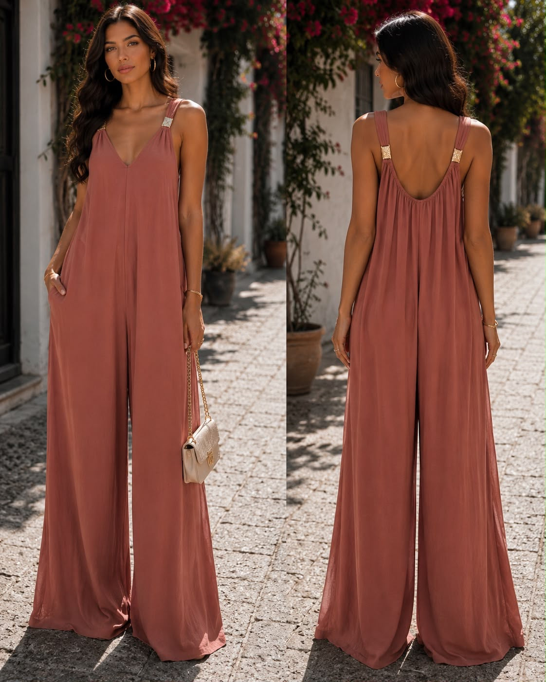 Combinaison Palazzo Fluide à Bretelles – Détails Dorés – Vieux Rose